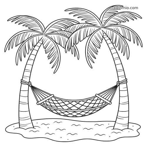 Zwart-witte lijntekening van twee palmbomen op het strand met een hangmat die tussen de stammen is vastgemaakt.