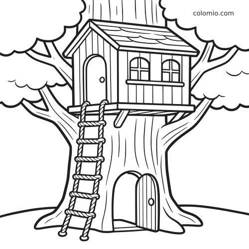 Zwart-witte kleurplaat van een eenvoudige boomhut in een grote boom, met een touwladder, ramen en een deur in de stam.