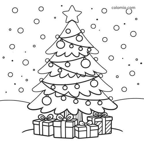 Een versierde kerstboom met een ster bovenop, kerstballen, vallende sneeuw en ingepakte cadeaus eronder.