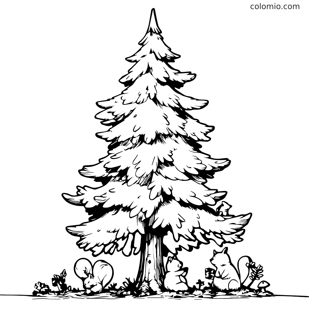 En fargeleggingsside med et høyt tre omgitt av søte dyr som ekorn og mus, perfekt for barn.