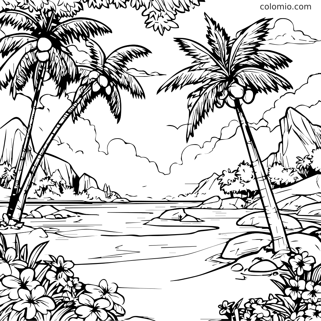 A detailed black and white coloring page of a tropical beach with palm trees and flowers.