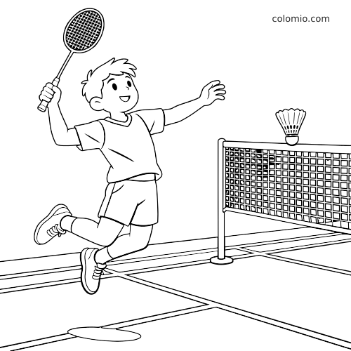 Um menino jogador de badminton em estilo cartoon salta perto da rede com a raquete erguida, alcançando a peteca na quadra.