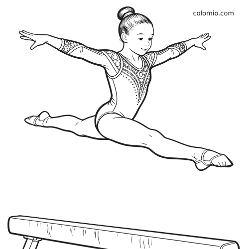 Ilustração em preto e branco de uma jovem ginasta fazendo um salto espacate sobre a trave, com collant detalhado.