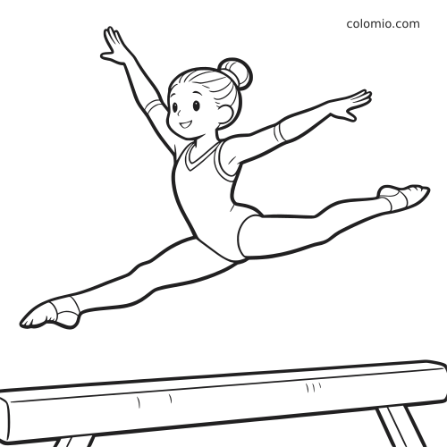 Uma jovem ginasta sorridente faz um salto espacate acima da trave em um desenho simples de contorno.