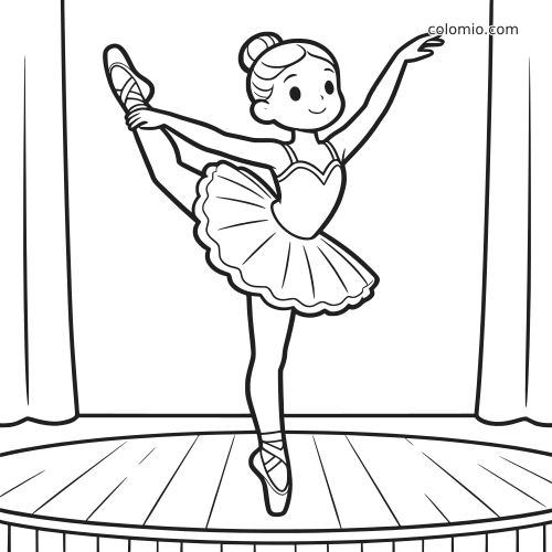 Uma bailarina de tutu posa em uma perna no palco, segurando o pé levantado, em desenho simples de contorno preto e branco.