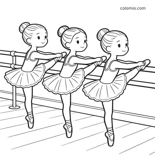 Três jovens bailarinas de tutu alongam uma perna na barra de balé, em um desenho simples em preto e branco.