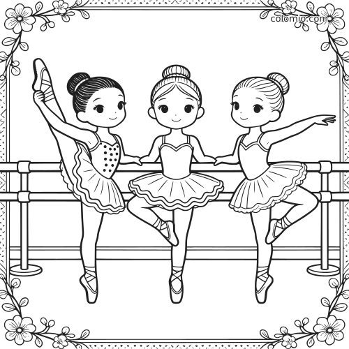 Desenho para colorir em preto e branco de três jovens bailarinas fazendo poses e alongamentos na barra de balé, com borda floral.