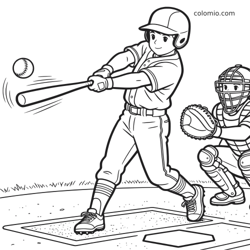 Cena em preto e branco de um rebatedor de beisebol rebatendo a bola no home plate, com um receptor atrás dele.
