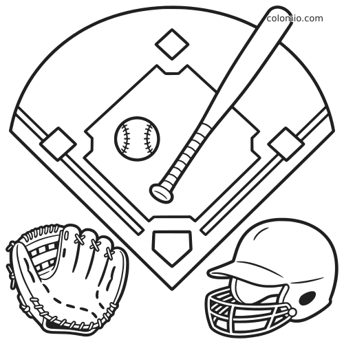 Desenho em preto e branco de um campo de beisebol com taco e bola, além de luva de apanhador e capacete abaixo.