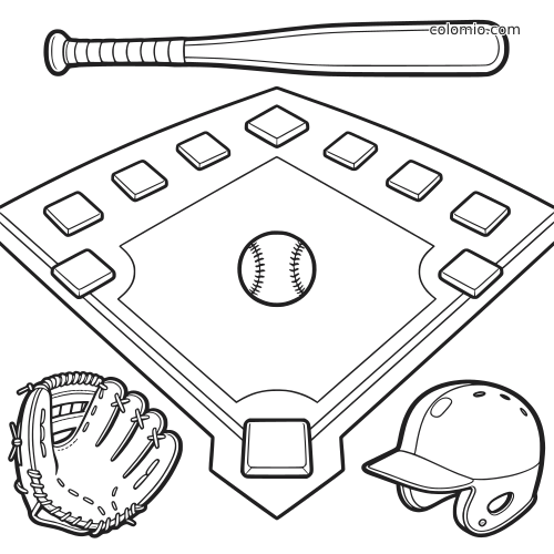 Vista de cima de um campo de beisebol com taco, luva, capacete, bases e uma bola no centro.