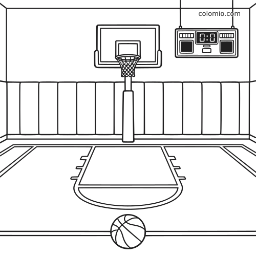 Quadra de basquete coberta em preto e branco, com cesta, tabela, placar suspenso e bola em primeiro plano.