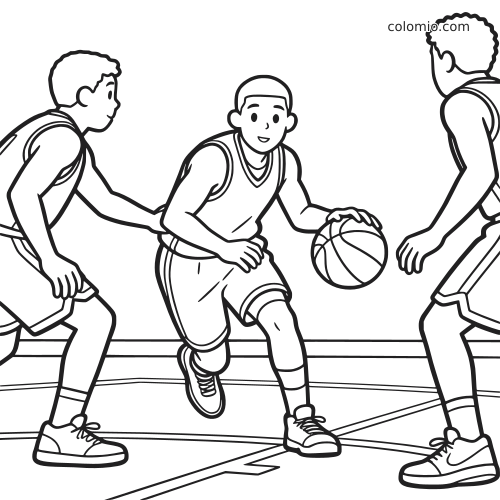 Um jogador de basquete dribla a bola entre dois defensores na quadra em um desenho de contorno estilo cartoon.