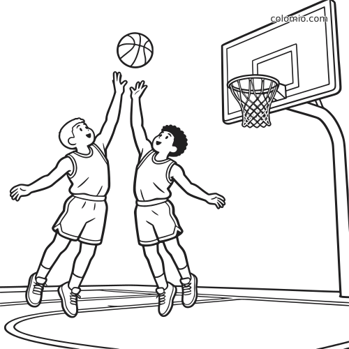 Dois jogadores de basquete pulam com os braços erguidos disputando um rebote perto da cesta em um desenho em preto e branco.