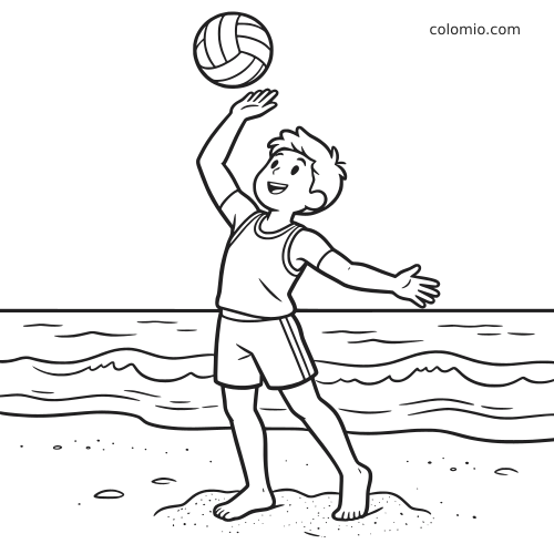 Uma criança em estilo cartoon sacando uma bola de vôlei na praia, com ondas do mar e areia ao fundo em contorno preto e branco.