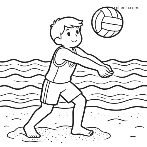 Menino em estilo cartoon na praia fazendo uma manchete no vôlei, com ondas do mar e areia ao fundo.
