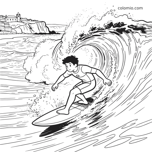 Desenho em preto e branco de um surfista dentro de uma onda gigante, com falésias e construções ao fundo.