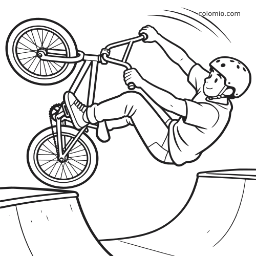 Desenho em preto e branco de um ciclista de BMX com capacete fazendo um salto sobre uma rampa de skate park.