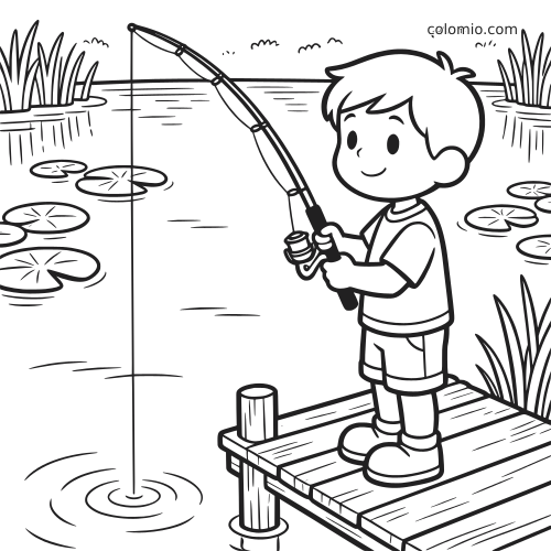 Um menino em estilo cartoon pesca com uma vara em um píer de madeira no lago, cercado por vitórias-régias e juncos.