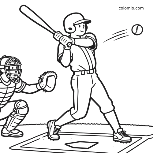 Jogador de beisebol em estilo cartoon rebatendo na base, com um catcher atrás e a bola vindo em sua direção.