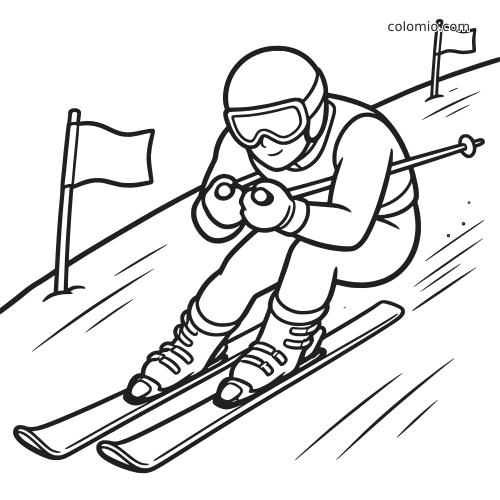 Um esquiador de descida em estilo cartoon, com capacete e óculos, deslizando em posição de corrida entre bandeiras na pista.
