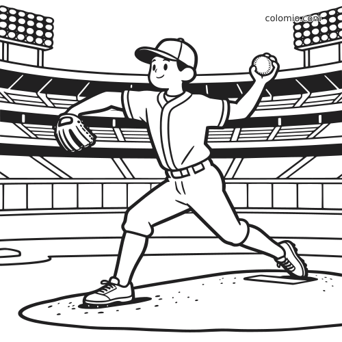 Um arremessador de beisebol em estilo cartoon se prepara para lançar a bola no montinho, com arquibancadas e refletores ao fundo.