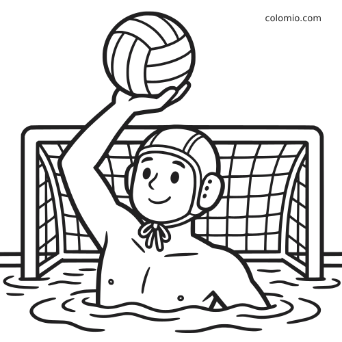 Goleiro de polo aquático em estilo cartoon, com touca, levantando a bola na frente do gol dentro da piscina.