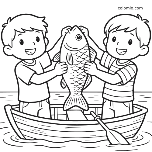 Dois meninos sorridentes em um pequeno barco a remo seguram um peixe grande sobre a água em uma cena de desenho.