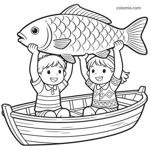 Duas crianças sorridentes sentadas em um barco pequeno levantam um peixe grande acima da cabeça em desenho em preto e branco.