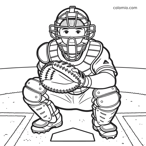 Um receptor de beisebol agachado atrás do home plate, com equipamento de proteção completo e luva grande à frente.