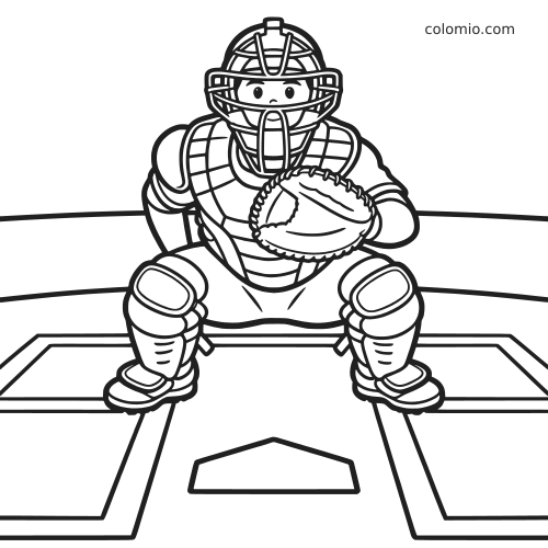 Um receptor de beisebol com equipamento completo está agachado atrás do home plate, visto de frente e segurando a luva.