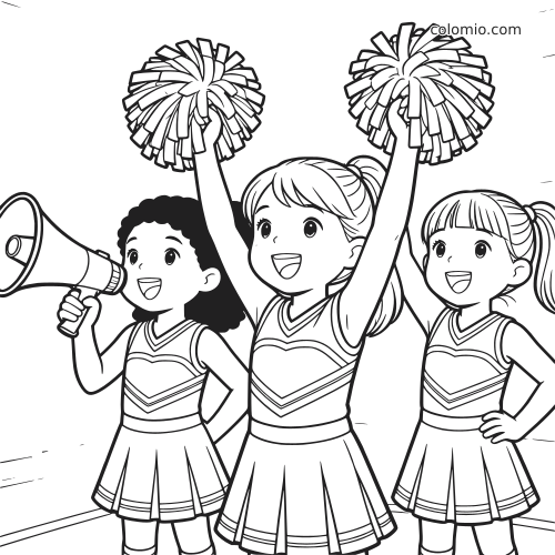 Três líderes de torcida sorrindo em estilo de desenho, com dois pompons levantados e uma menina segurando um megafone.