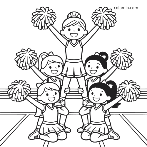 Desenho em preto e branco de uma formação de pirâmide com cinco líderes de torcida sorrindo e segurando pompons na quadra.