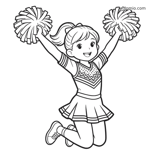 Desenho em preto e branco de uma jovem líder de torcida pulando, com os braços erguidos, pompons, rabo de cavalo e saia plissada.