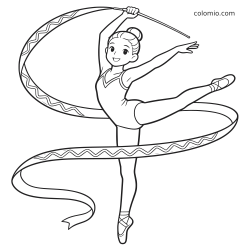 Uma ginasta rítmica faz uma apresentação com fita longa, em desenho de contorno simples para colorir.