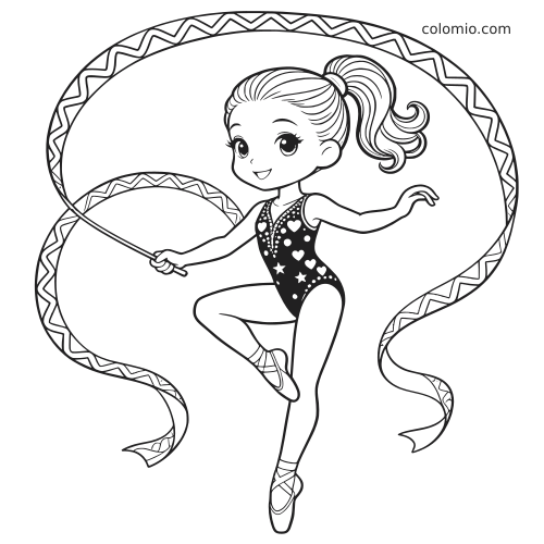 Uma ginasta rítmica em estilo cartoon faz uma apresentação com uma fita longa, usando collant decorado e sapatilhas.