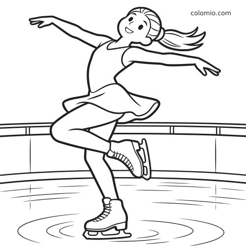 Uma patinadora no gelo em estilo cartoon gira sobre uma perna na pista, com os braços abertos e o rabo de cavalo para trás.
