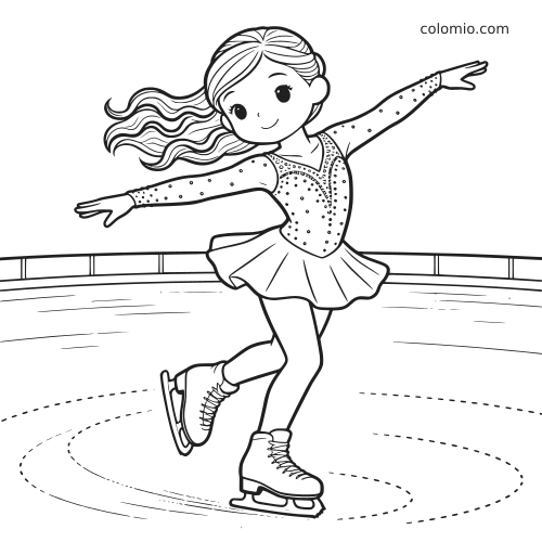 Uma patinadora no gelo gira na pista, usando vestido detalhado com pontos e cabelo ondulado ao vento.