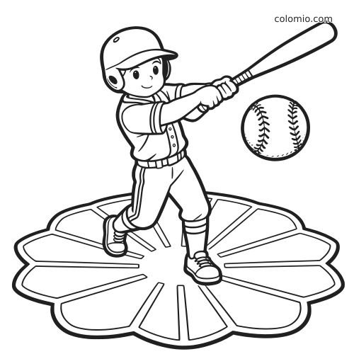 Um rebatedor de pesäpallo em estilo cartoon, usando capacete, balança o taco em direção a uma bola grande sobre uma base em forma de flor.