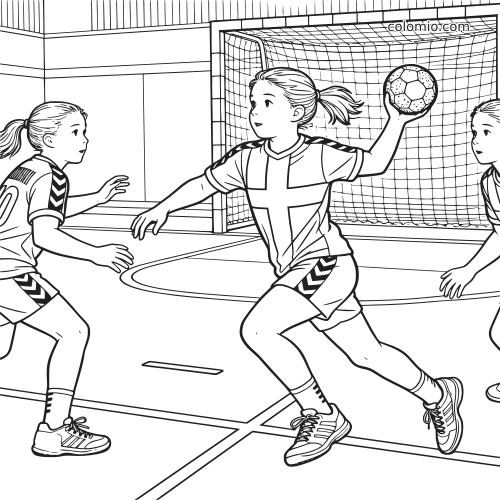 Cena em preto e branco de meninas jogando handebol dinamarquês, com uma jogadora passando a bola perto do gol.