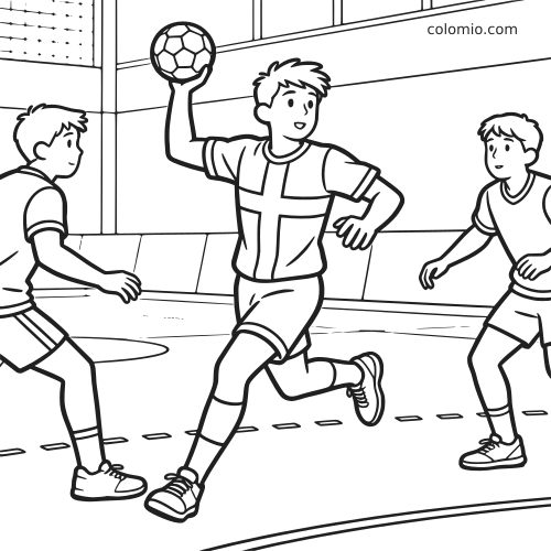 Ilustração em preto e branco de um jogador de handebol da Dinamarca fazendo um passe em uma partida indoor, com dois marcadores por perto.