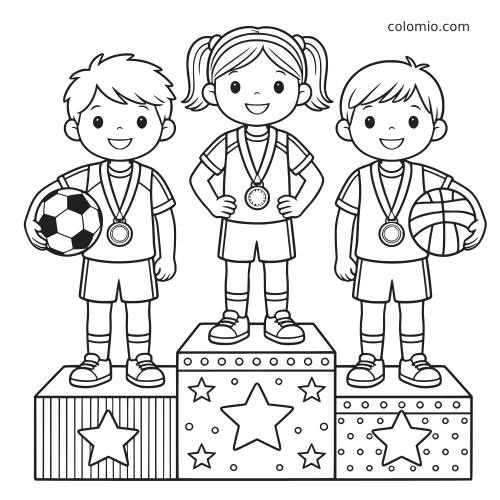 Desenho em preto e branco de três crianças com medalhas em um pódio esportivo, com uma bola de futebol e uma de vôlei.