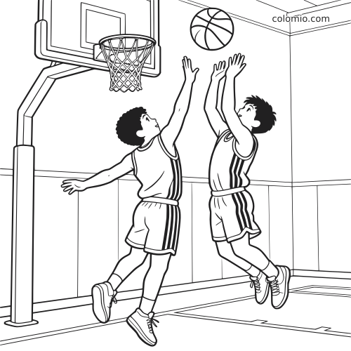 Dois jogadores de basquete saltam perto da cesta para disputar o rebote em uma quadra coberta, em arte de linha detalhada.