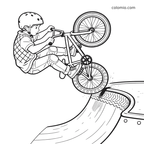 Desenho em preto e branco de uma criança de capacete fazendo uma manobra de BMX no ar sobre a rampa do skate park.