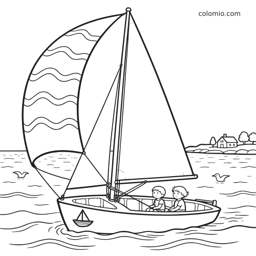 Cena detalhada de uma regata de veleiro dinamarquês com duas crianças no barco, velas grandes, ondas, pássaros e uma casa ao fundo.