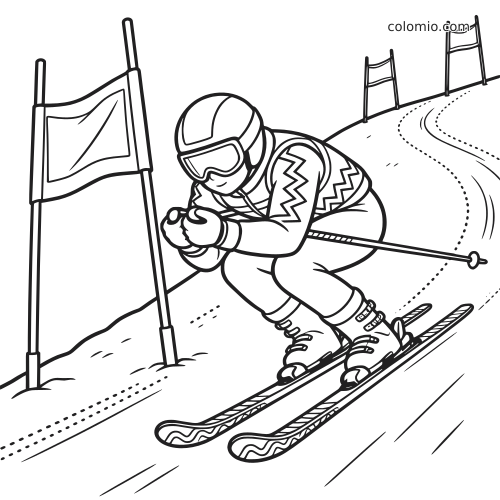 Um esquiador alpino em descida faz curva entre bandeiras de slalom na neve, usando capacete, óculos e roupa estampada.
