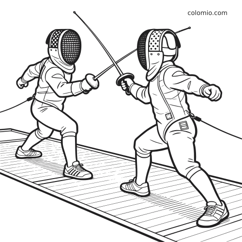Dois esgrimistas com roupas de proteção duelam na pista em um desenho detalhado em preto e branco.