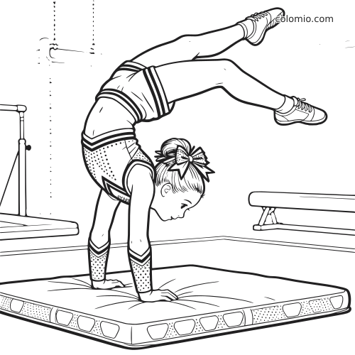 Uma jovem ginasta faz uma acrobacia com as mãos apoiadas no colchão, com aparelhos de ginástica ao fundo.