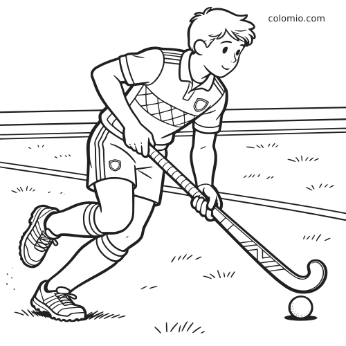 Desenho em preto e branco de um jogador holandês de hóquei na grama conduzindo a bola no campo.