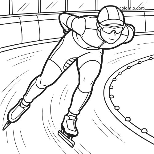 Um patinador de velocidade em posição de corrida faz a curva em uma pista de gelo coberta, em arte de linha preta e branca.