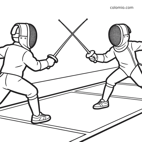 Dois esgrimistas com máscaras cruzam as espadas sobre a pista em uma cena simples em preto e branco.